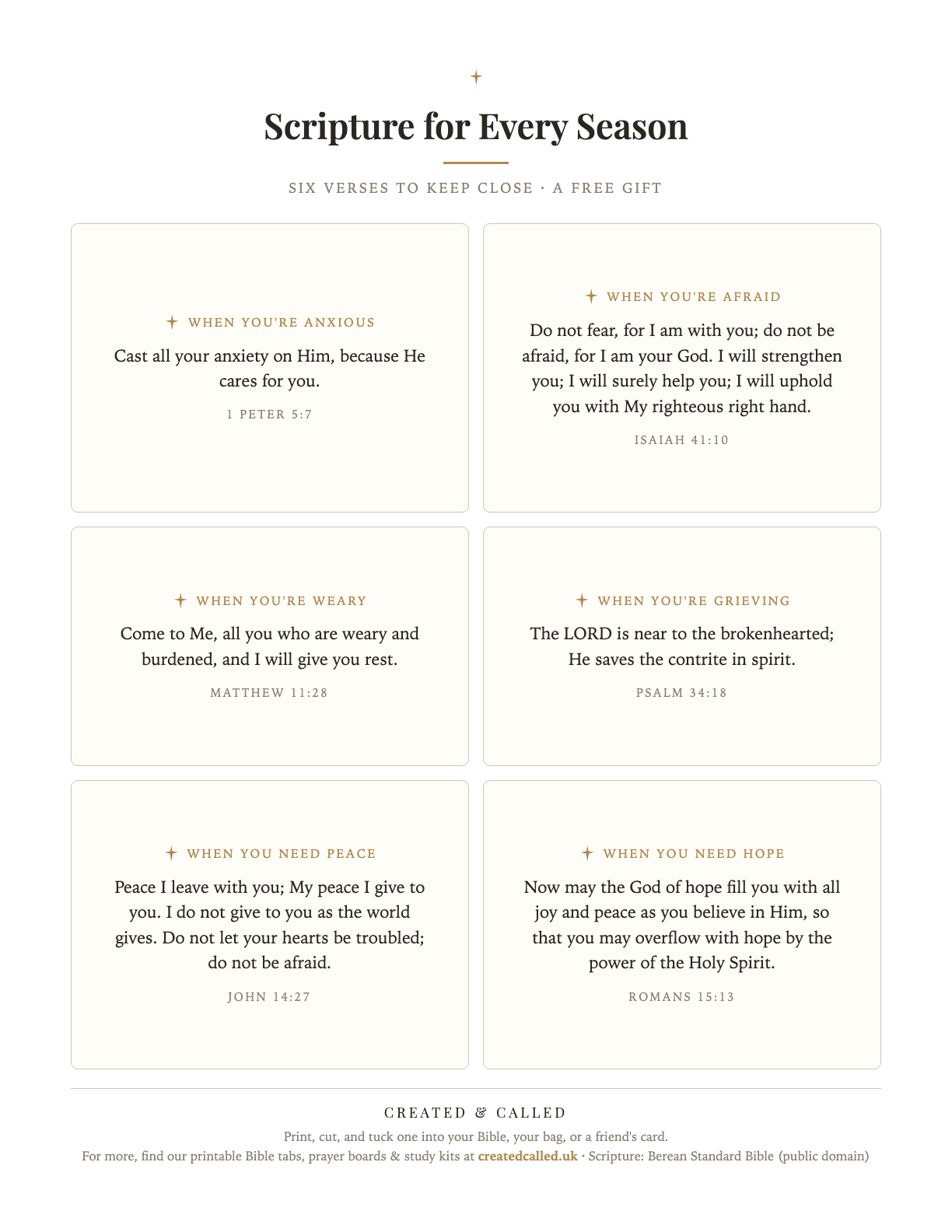 Preview of the free printable Scripture comfort cards — six verses for every season